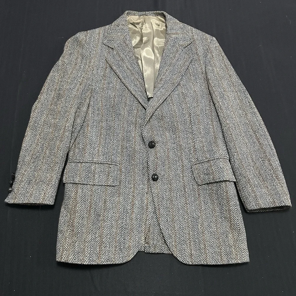 VTG Harris Tweed Herringbone Blazer Jacket Mens 38 70s Gray Wool Sport Coat USA